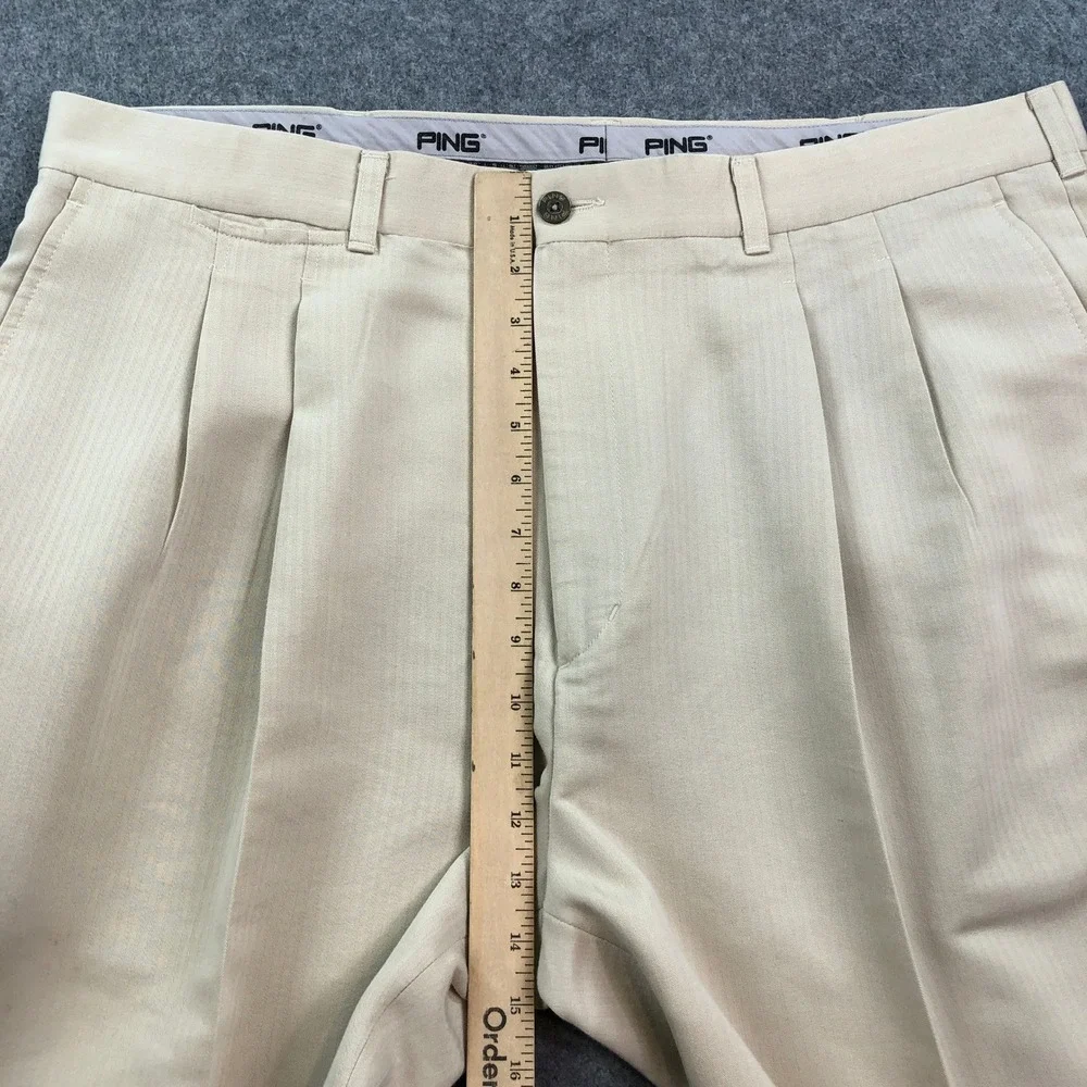 Ping Mens Pleated Pants 40x32 Khaki Beige Herringbone Classic Rayon Polyester